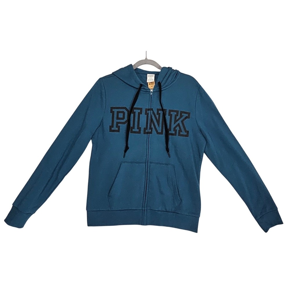 PINK Victorias Secret sweatshirt Hoodie M NEW Full Zip Logo Teal Blue Pockets